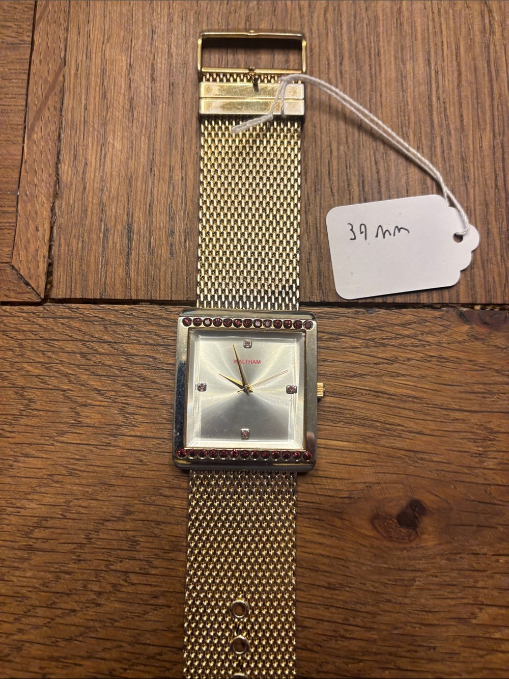 Waltham Gold-Tone Mesh Bracelet Watch with Red Accent Stones 39mm